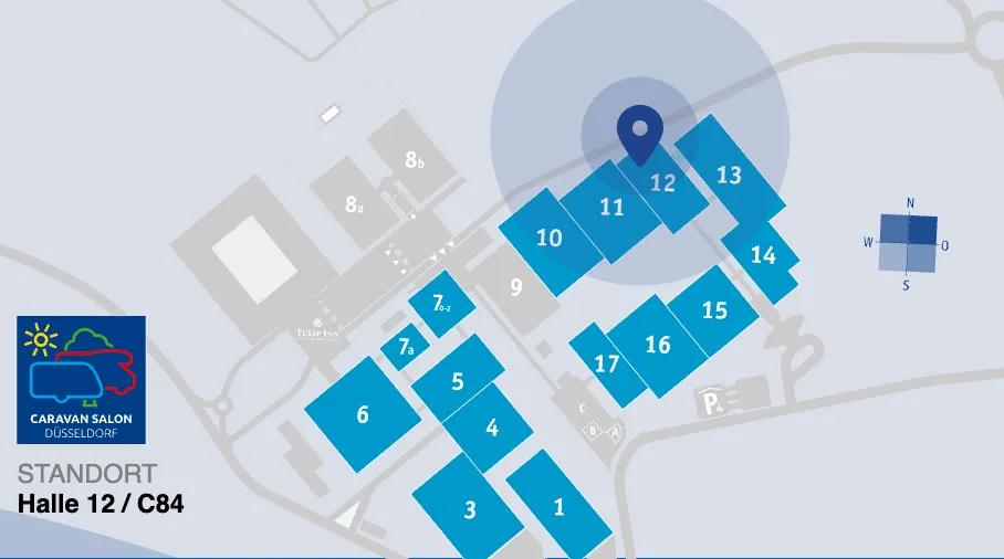 Geländeplan Caravan Salon in Düsseldorf: eine Standortnadel markiert Halle 12, zwischen Halle 11 und Halle 13 im Osten des Geländes.